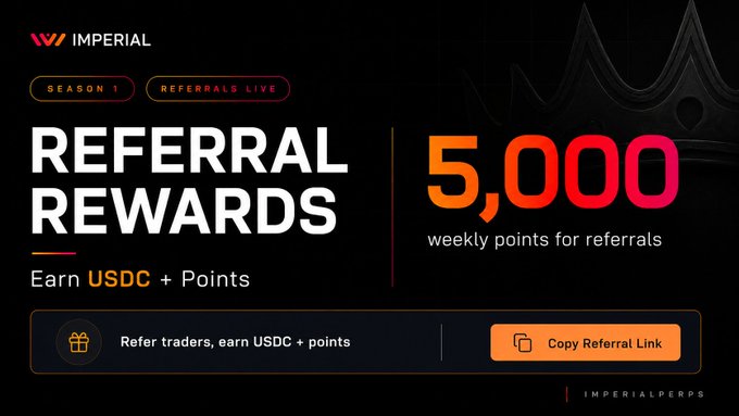 The image shows a webpage for a trading platform called Imperial, which offers rewards for referring other traders. The main information displayed on the page is about a reward system that allows users to earn points by referring others who trade with the platform. These points can then be used as rewards or linked to exchangeable currency exchanges like USDC (Usd Coin). The image also highlights that this platform supports fiat, digital, and cryptocurrency payments.