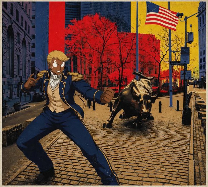 A blonde-haired character in a navy blue and gold military-style uniform strikes a dynamic pose on a cobblestone street next to a bronze charging bull statue, with red, white, and blue colors and an American flag forming a patriotic backdrop—visually celebrating the 250th anniversary mentioned in the post about @PatriotsSolana.

The image blends iconic Wall Street imagery (the Charging Bull) with patriotic Americana to commemorate the milestone referenced alongside @PatriotsSolana.