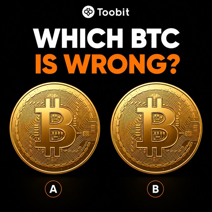 A puzzle graphic from Toobit asking 'WHICH BTC IS WRONG?', displaying two nearly identical golden Bitcoin coins labeled 'A' and 'B'.