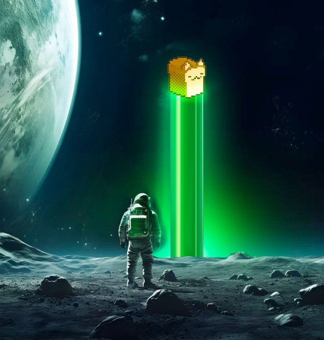An astronaut stands on a rocky lunar surface facing a giant pixelated cat head emitting bright green laser beams upward, with a large planet visible in the starry background.
