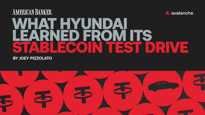 A promotional banner from American Banker featuring the headline "What Hyundai Learned From Its Stablecoin Test Drive" by Joey Pizzolato, with the Avalanche logo in the top right corner. The bottom half displays a repeating pattern of red circles containing stylized peso symbols and a car icon, visually reinforcing Hyundai's stablecoin pilot on the Avalanche blockchain that dramatically reduced transfer times.