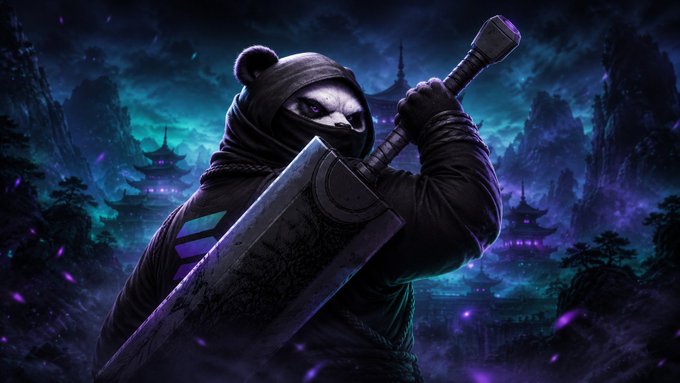 Digital artwork of a hooded, masked figure carrying a large sword over their shoulder against a dark, mystical landscape with pagodas and purple atmosphere.