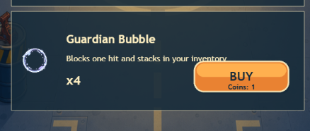 A screenshot from a video game store menu showing a 'Guardian Bubble' item that 'Blocks one hit and stacks in your inventory', available to buy for 1 coin, with a quantity of x4.