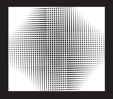 An abstract black-and-white geometric composition featuring intersecting grid patterns of dots and lines that create an illusion of spheres or radiating orbs within a framed square format. The piece aligns with the post's theme as a "Before" view of "Sphere of Mystery," showcasing the minimalist geometric foundation used to construct the signature sphere artwork.