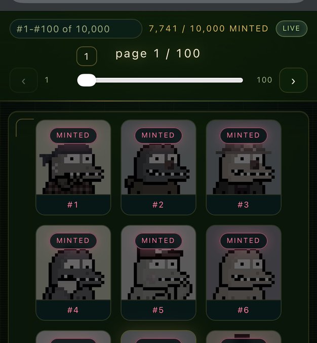 A screenshot of a digital collectible or NFT minting page showing pixel-art avatars numbered #1 through #6, all marked 'MINTED', with progress shown as '7,741 / 10,000 MINTED' on 'page 1 / 100'.