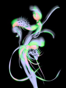 An abstract digital artwork featuring flowing green, pink, and purple organic shapes against a black background.