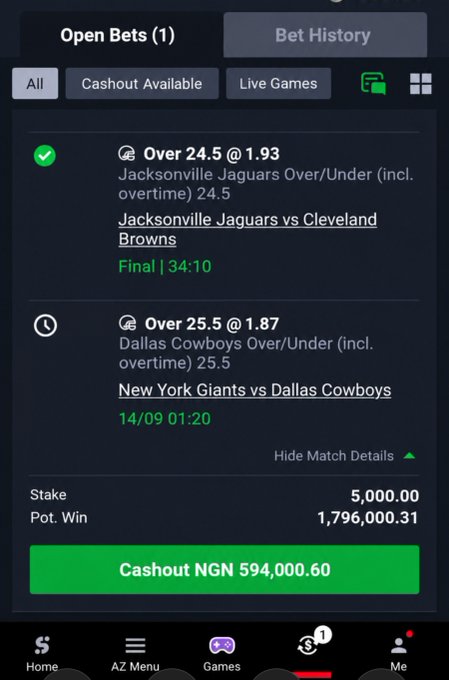 A sports betting app screenshot shows an "Open Bets" section with one completed bet on the Jacksonville Jaguars vs Cleveland Browns (Over 24.5, winning) and one pending bet on New York Giants vs Dallas Cowboys (Over 25.5), offering a cashout option of NGN 594,000.60 from a 5,000.00 stake with a potential win of 1,796,000.31, directly addressing the user's dilemma of whether to take the early cashout or wait for the full payout.