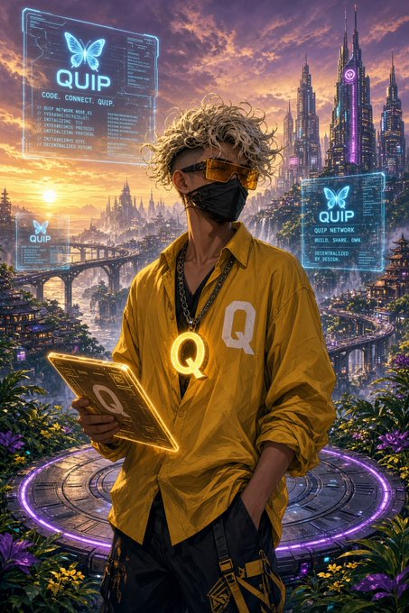 A digital artwork of a person in a yellow jacket with 'Q' letters, wearing yellow glasses and a face mask, holding a glowing tablet with 'QUIP' holographic displays against a futuristic cityscape at sunset.