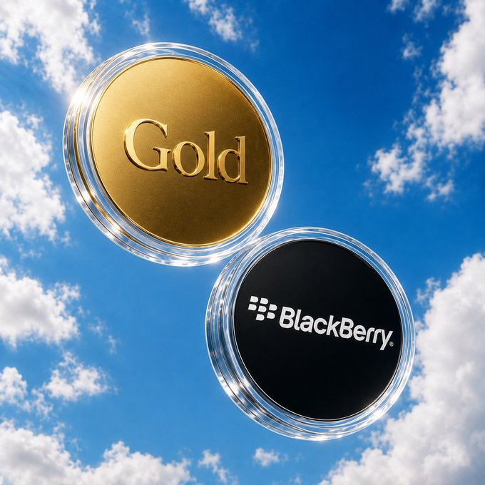 Two circular tokens float against a bright blue sky with fluffy clouds—one gold coin engraved with "Gold" and another black coin displaying the "BlackBerry" logo—visually referencing the classic GameStop-era "Gold vs. BlackBerry" meme stock rivalry, now reimagined as onchain trading pairs on the Pons platform.