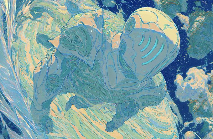An anime-style character wearing a blue mask and dark outfit crouches dynamically against a swirling, painterly background of teal, gold, and deep blue cosmic or watery textures.