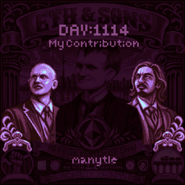 A stylized purple promotional graphic featuring three illustrated characters for "BLOOM & SONS" with the date "DAY:1114" and the name "minytle" displayed.