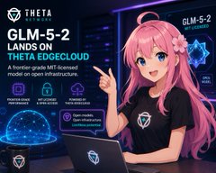 Promotional graphic for Theta's GLM-5-2 model landing on THETA EDGECLOUD, featuring an anime-style pink-haired character in a black shirt pointing at the text.