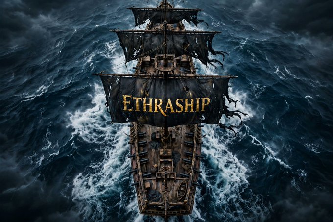 A dramatic aerial view shows a pirate ship with tattered black sails bearing the word 'ETHRASHIP' in gold lettering, sailing through stormy dark ocean waters.
