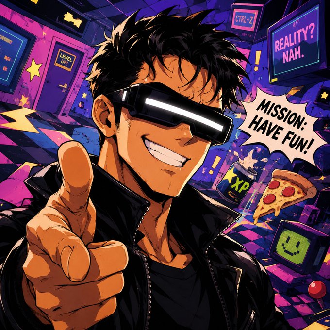 An anime-style illustration of a smiling young man wearing futuristic visor glasses pointing at the viewer, with text bubbles reading 'MISSION: HAVE FUN!' and 'REALITY? NAH.'