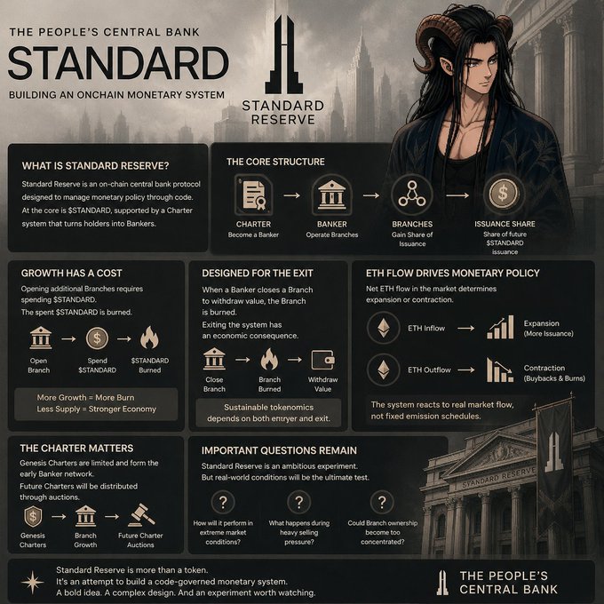 The image is an infographic titled "THE PEOPLE'S CENTRAL BANK: STANDARD — Building an Onchain Monetary System" that outlines the Standard Reserve protocol, featuring sections like "What is Standard Reserve?," "The Core Structure," "Growth Has a Cost," and "Designed for the Exit," alongside an illustration of a horned figure in front of a classical bank building.

It visually supports the post's argument by diagramming the code-governed monetary system behind $STANDARD, emphasizing that the project's value lies in its economic design—covering charters, banker branches, ETH-driven issuance, and exit mechanics—rather than typical DeFi yield incentives.