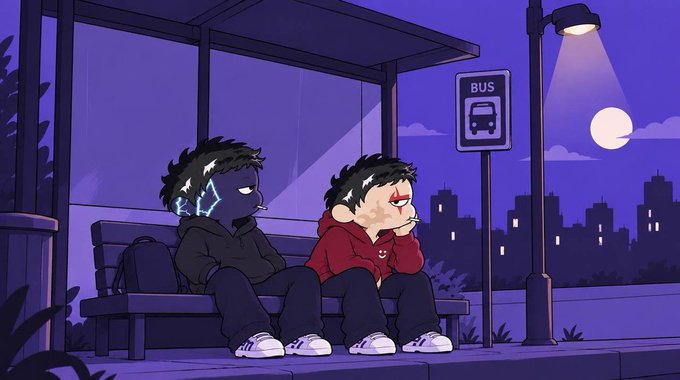 An animated illustration of two characters sitting on a bench at a bus stop at night under a streetlamp and full moon; one looks bored while the other smokes.