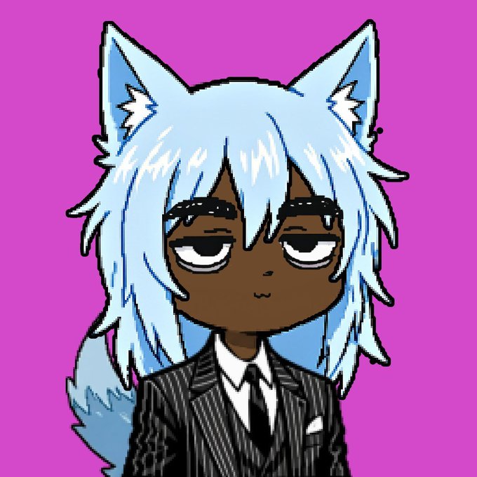 A digital illustration of an anime-style character with light blue hair, cat ears, dark skin, and a black pinstripe suit, set against a bright pink background.