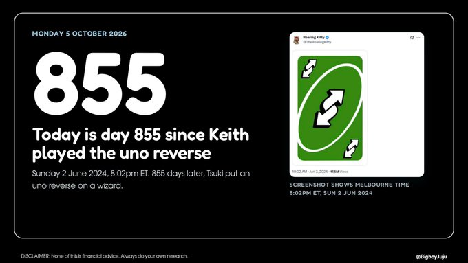 A counter showing 'Monday 5 October 2026' at day 855 since 'Keith played the uno reverse,' referencing a screenshot of a Boomer Kitty Instagram post dated June 2, 2024.