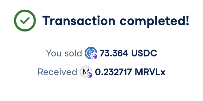 The image shows a transaction receipt for a cryptocurrency exchange, displaying that the transaction has been completed successfully. The text "Transaction completed!" is visible at the top of the screen, indicating the completion of the transaction. The transaction details include the amount of money involved and the names of the parties involved in the exchange.