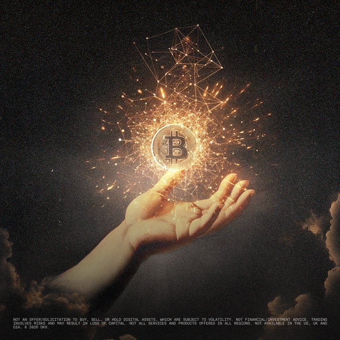 A hand cradles a glowing Bitcoin coin radiating geometric light patterns and sparks against a dark sky, with a disclaimer at the bottom noting "NOT AN OFFER/SOLICITATION TO BUY, SELL, OR HOLD DIGITAL ASSETS... © 2020 OKX."

The image visually reinforces the post's theme of holding Bitcoin—"₿lessed are the HODLers"—by depicting the cryptocurrency as a divine, light-emitting treasure being protectively held, suggesting reverence and loyalty to those who hold rather than sell.