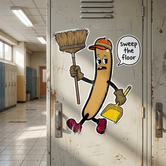 A cartoon banana character wearing an orange cap stands on a weathered locker door, holding a broom and dustpan while a speech bubble declares "sweep the floor." The image playfully ties into the BIGD Community Challenge's "Sweep" theme, using the broom and floor-sweeping message as a fun visual cue for the 1,000,000 $BIGD prize sweep and engagement initiative.