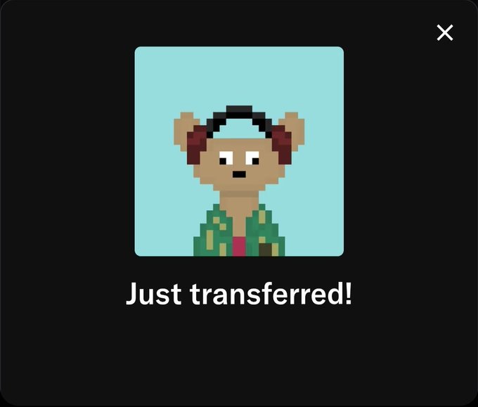 A pixelated cartoon weasel wearing headphones and a green jacket appears on a light blue background, with "Just transferred!" displayed below and an X button in the top right corner. The image serves as a visual confirmation of the Weasel NFT being sent to the winner "@0xRennnn," as announced in the post.