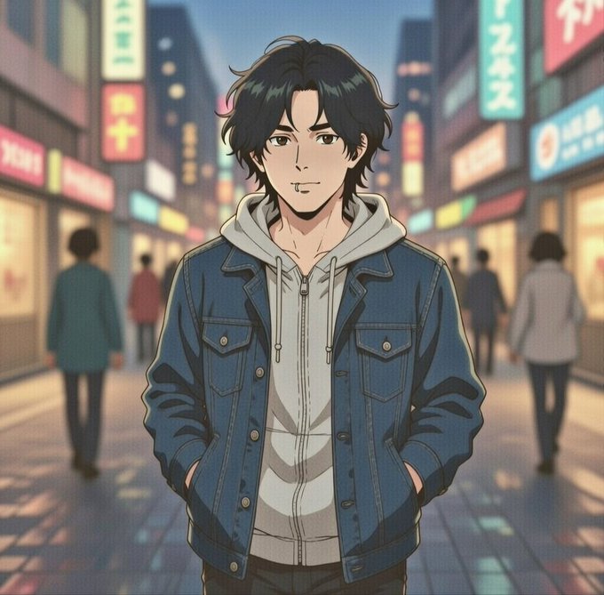 An anime-style young man with messy black hair stands in a neon-lit Japanese street, wearing a denim jacket over a gray hoodie with a small smirk on his face. The image's smug, laid-back expression mirrors the post's tone of resigned indifference amid the chaotic and varied outcomes of the MoonPay "moondrop" giveaway.