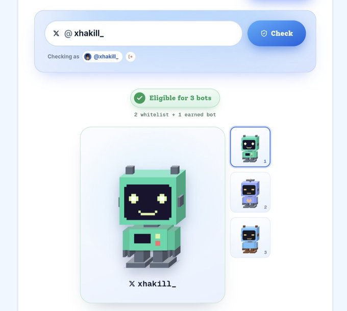 The image shows a Conso.xyz eligibility check result for @xhakill_, displaying "Eligible for 3 bots" (2 whitelist + 1 earned bot) alongside three voxel-style robot NFT previews, with the first mint highlighted. This visually confirms the user's success in earning a bot through content creation, as mentioned in their post about not wanting to miss their first NFT on Sui.