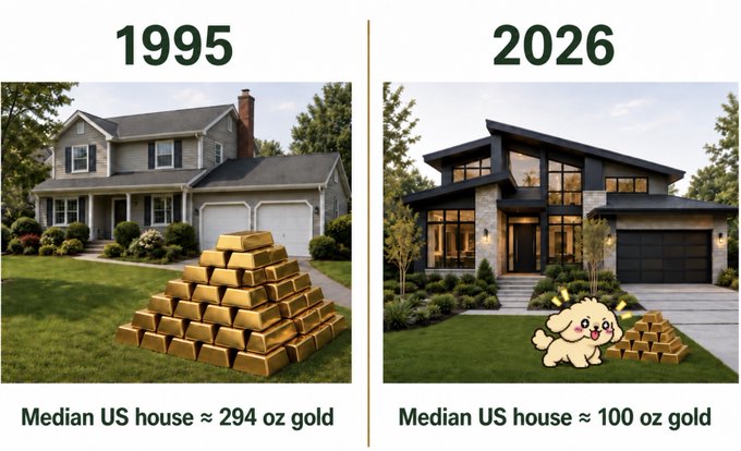 A comparison graphic showing '1995' with a traditional US house and a pyramid of gold bars labeled 'Median US house ≈ 294 oz gold,' and '2026' with a modern house and a smaller gold pile labeled 'Median US house ≈ 100 oz gold.'