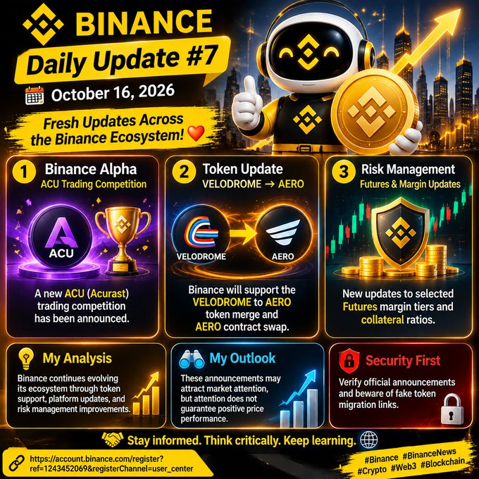 A 'BINANCE Daily Update #7' graphic for October 16, 2026, highlights updates on Binance Alpha, a VELODROME to AERO token update, and Risk Management.