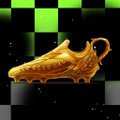 A golden soccer cleat/boot trophy displayed against a dark background with green checkered elements, likely representing a Golden Boot award.