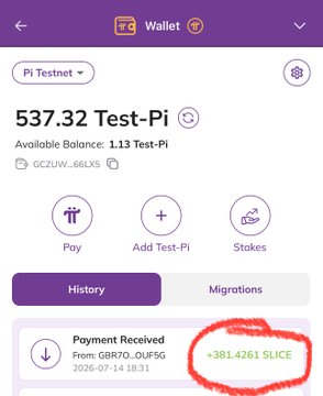 A screenshot of a Pi Testnet wallet showing a balance of 537.32 Test-Pi (with an available balance of 1.13 Test-Pi) and a recent payment received of +381.4261 SLICE highlighted in red.