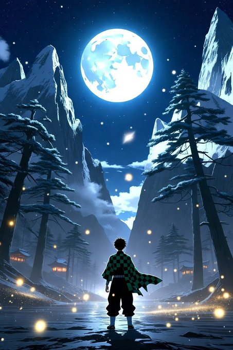 An anime-style illustration showing a character in a green checkered haori (resembling Tanjiro from Demon Slayer) standing under a full moon in a snowy mountain landscape with pine trees and a village below.