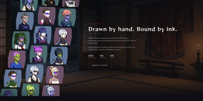 A dark-themed website interface titled 'INKBOUND' promotes a hand-drawn anime character NFT collection with the tagline 'Drawn by hand. Bound by ink.' and features a grid of character portraits.