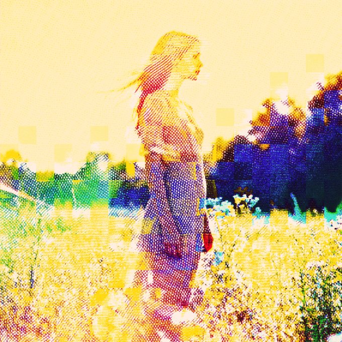 A vibrant, pixelated digital artwork of a woman in a long dress standing in a yellow field with blue sky and pixel-art blocks scattered throughout the scene.