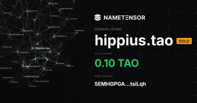 A NameTensor domain listing webpage showing that the domain 'hippius.tao' has been SOLD for a sale price of '0.10 TAO', with the new owner listed as '5EMHGPGA...tsiLqh', displayed over a network graph of other .tao domains.