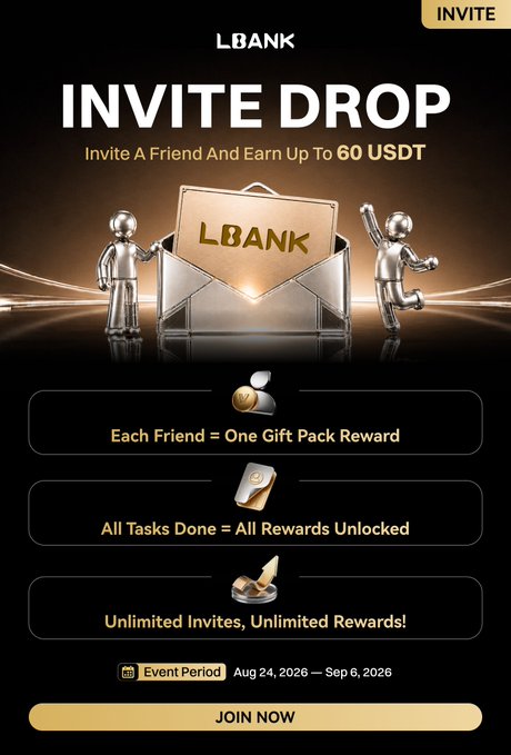 A promotional graphic for 'LBANK' titled 'INVITE DROP', advertising up to 60 USDT for inviting friends, with silver 3D figures and an event period listed as Aug 24, 2026 — Sep 6, 2026.