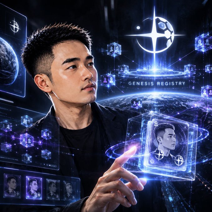 A futuristic promotional image shows a man interacting with a holographic interface labeled 'GENESIS REGISTRY,' featuring floating digital cubes and a glowing earth.