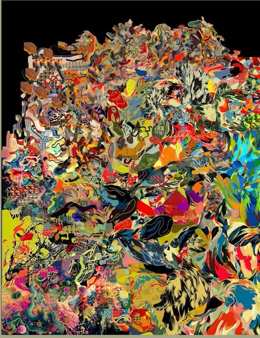 The image features a large, colorful abstract painting with various shapes and patterns that appear to be made of different materials such as paper or fabric. The artwork has an overall chaotic appearance due to its many colors and textures. The painting seems to be a part of a larger art project or series, possibly related to the post "20 hours left 0.02 eth current bid".