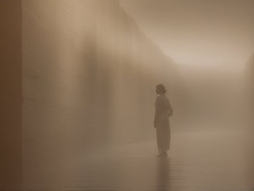 An atmospheric, hazy image of a small figure standing alone in a misty, warmly lit corridor or space with golden light.