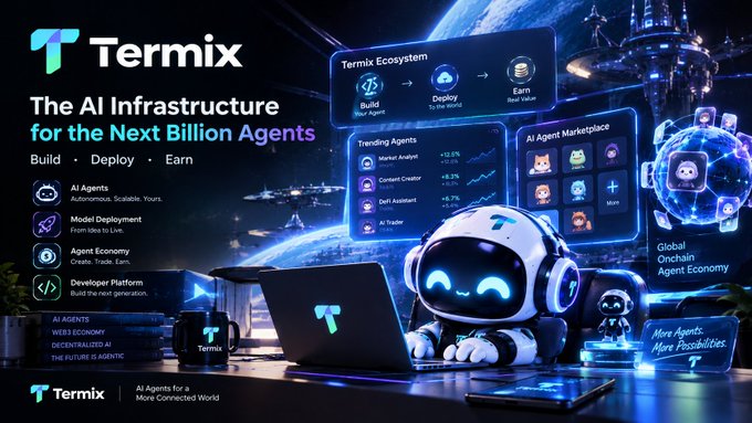 A promotional graphic for 'Termix' advertises 'The AI Infrastructure for the Next Billion Agents' with Build, Deploy, Earn features, showing a cute robot character with laptops, an 'AI Agent Marketplace,' and 'Trending Agents' panel.