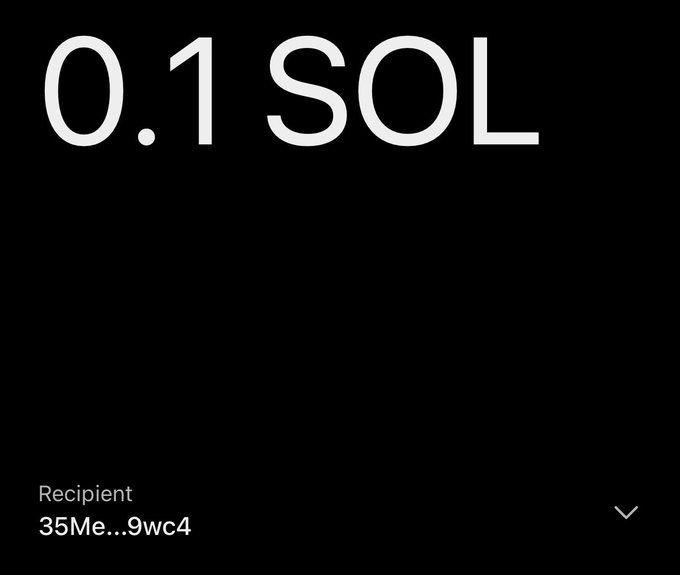 The image displays a digital wallet confirmation showing "0.1 SOL" sent, with the recipient address partially shown as "35Me...9wc4", confirming the transaction noted in the post.