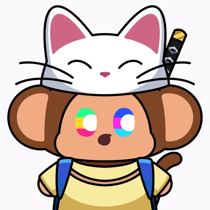A cartoon illustration of a monkey character wearing a yellow shirt and blue overalls with a white cat mask on its head, the monkey has multicolored eyes.