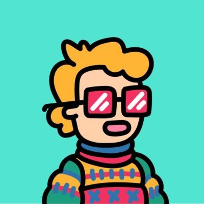 The image features a cartoon character wearing glasses and a sweater with red, blue, green, yellow, and pink colors. The character has blonde hair and appears to be smiling. The background of the image is a solid teal color. There are no texts or other objects in the image besides the cartoon character and its surroundings.