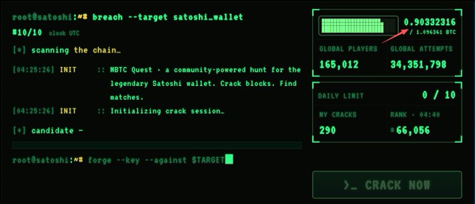 A terminal-style screen displaying a WBTC Quest interface for finding the Satoshi wallet, showing global players at 165,012 and a 'CRACK NOW' button.
