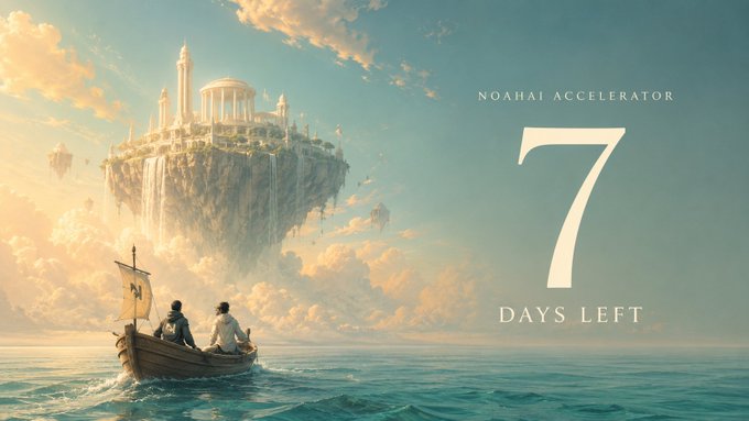 A fantastical image shows a floating island with classical architecture above a vast ocean, where two figures sail toward it in a small boat. The text "NOAHAI ACCELERATOR," "7," and "DAYS LEFT" overlays the scene, highlighting the remaining time to apply to the Noah Accelerator Program for Solana builders.