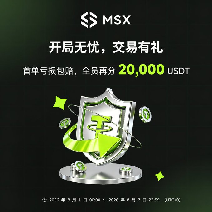 An MSX promotional graphic advertises a crypto trading promotion in Chinese, offering a first-loss compensation and a 20,000 USDT bonus, running August 1-7, 2026, with a silver shield and green arrow design.
