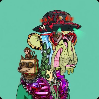 A vibrant cartoon illustration features a surreal, green-skinned character with glowing red eyes wearing a black hat, alongside a dog with goggles, a small monkey, and a melting yellow creature—all of which appear to be the quirky "Boggy Club" NFT characters referenced in the promotional post about the collection's launch on ApeChain.