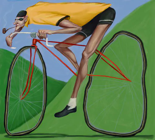 A stylized digital painting depicting a cyclist with an elongated, stretched-out body wearing a yellow jersey and black shorts, riding a red bicycle against a green and blue landscape.