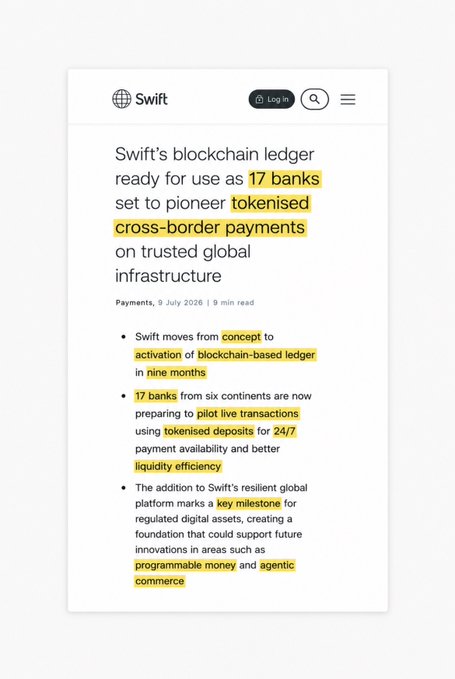 A Swift news article headline reads "Swift's blockchain ledger ready for use as 17 banks set to pioneer tokenised cross-border payments on trusted global infrastructure," dated 9 July 2026, with highlighted text emphasizing the 17 banks, tokenised cross-border payments, and 24/7 payment availability.